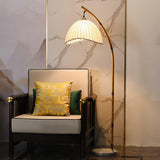 Sanna Curved Bamboo Floor Lamp with Marble Base and Beige Linen Shade for Modern Living Rooms