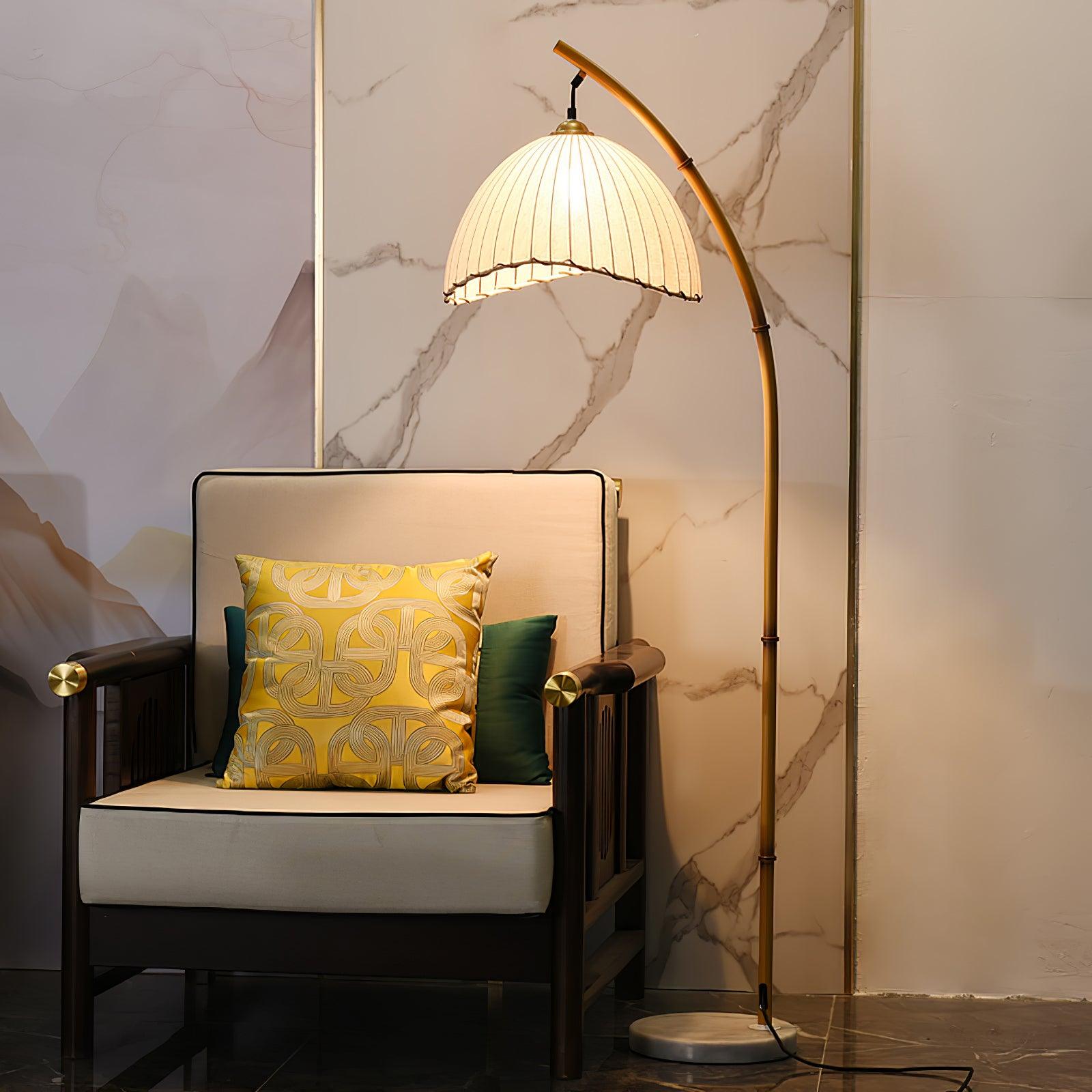 Sanna Curved Bamboo Floor Lamp with Marble Base and Beige Linen Shade for Modern Living Rooms