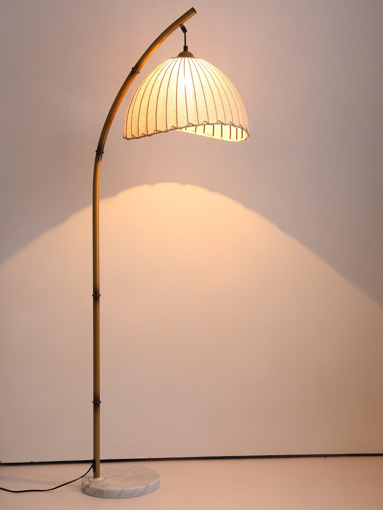 Sanna Curved Bamboo Floor Lamp with Marble Base and Beige Linen Shade for Modern Living Rooms