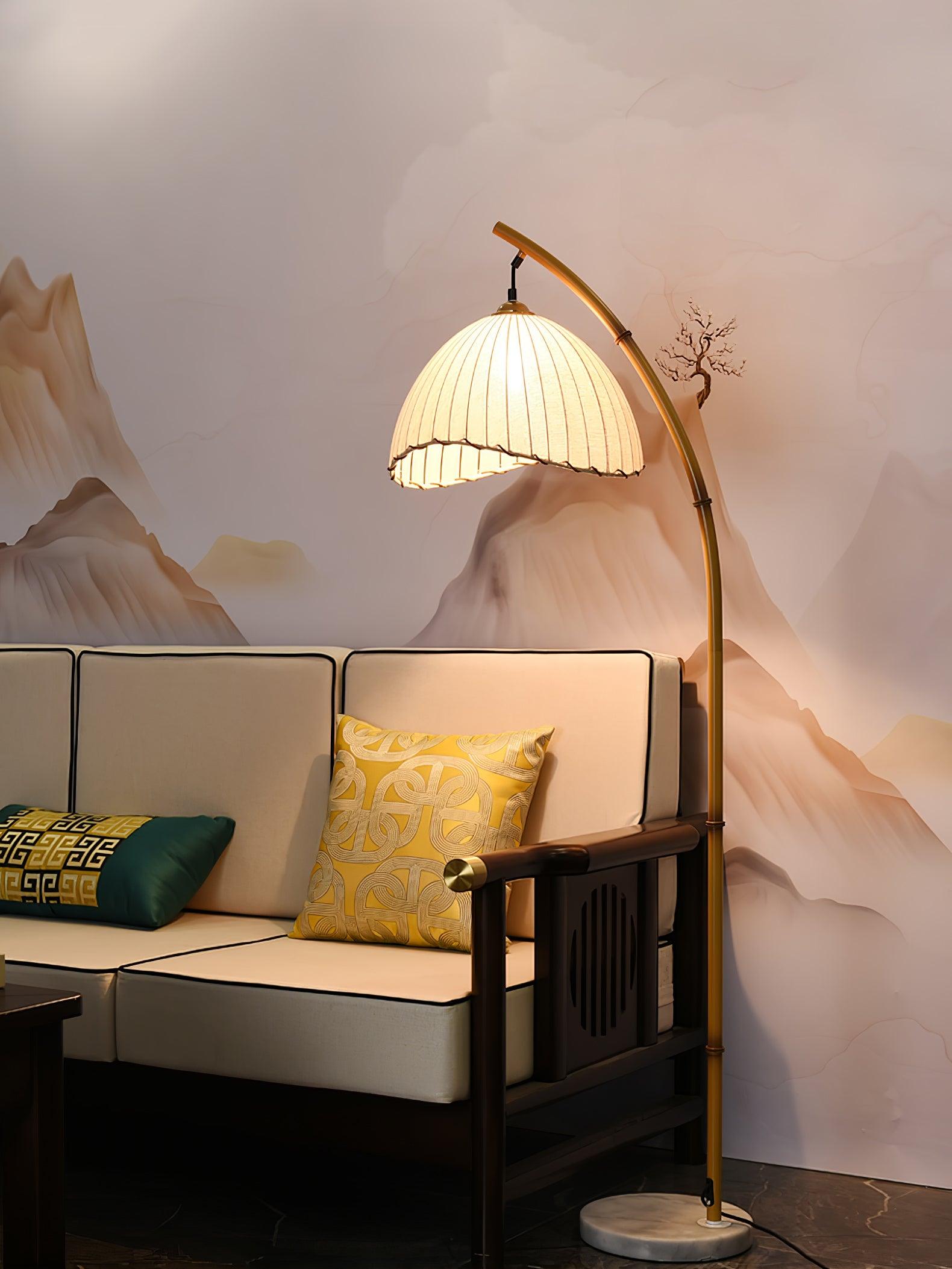 Sanna Curved Bamboo Floor Lamp with Marble Base and Beige Linen Shade for Modern Living Rooms