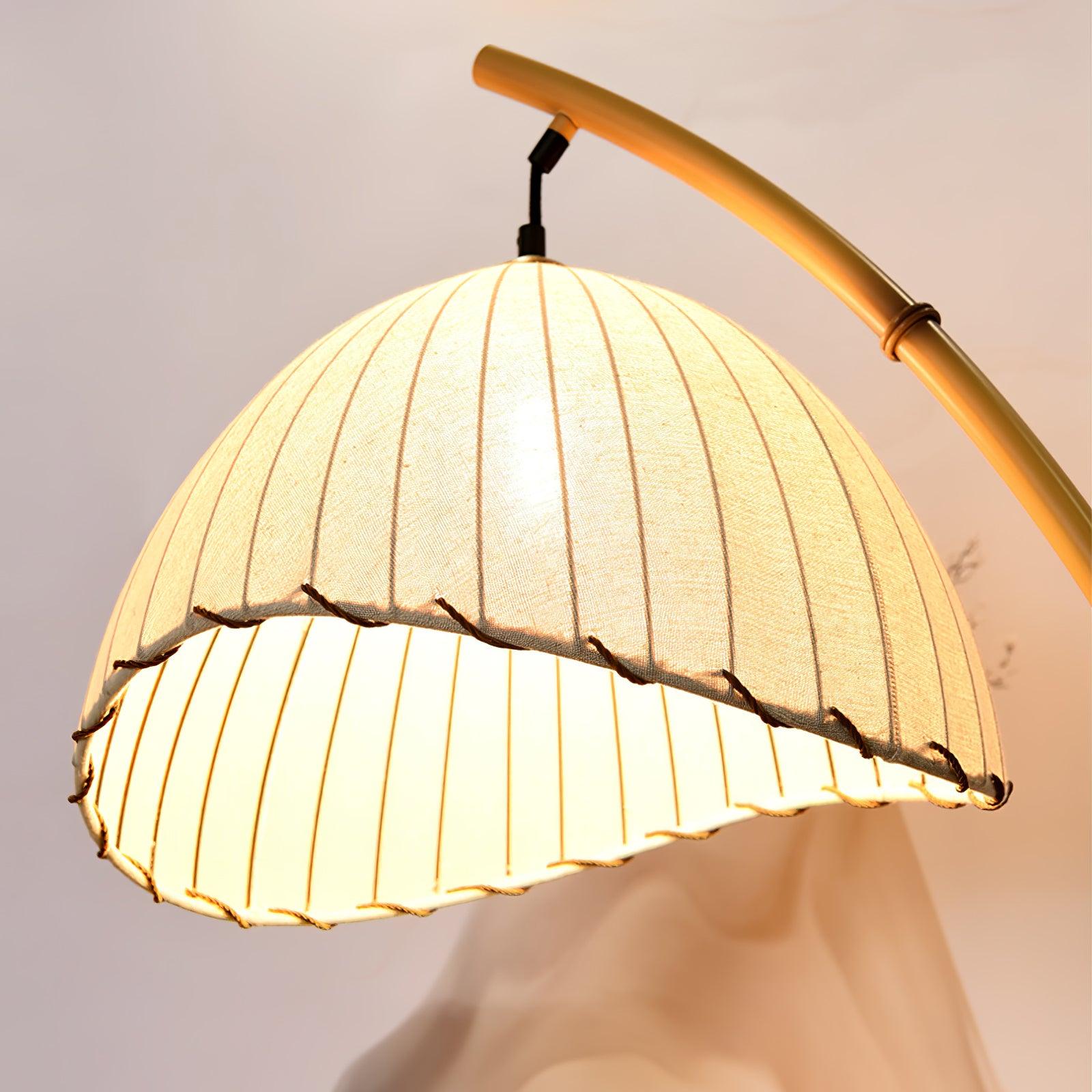 Sanna Curved Bamboo Floor Lamp with Marble Base and Beige Linen Shade for Modern Living Rooms