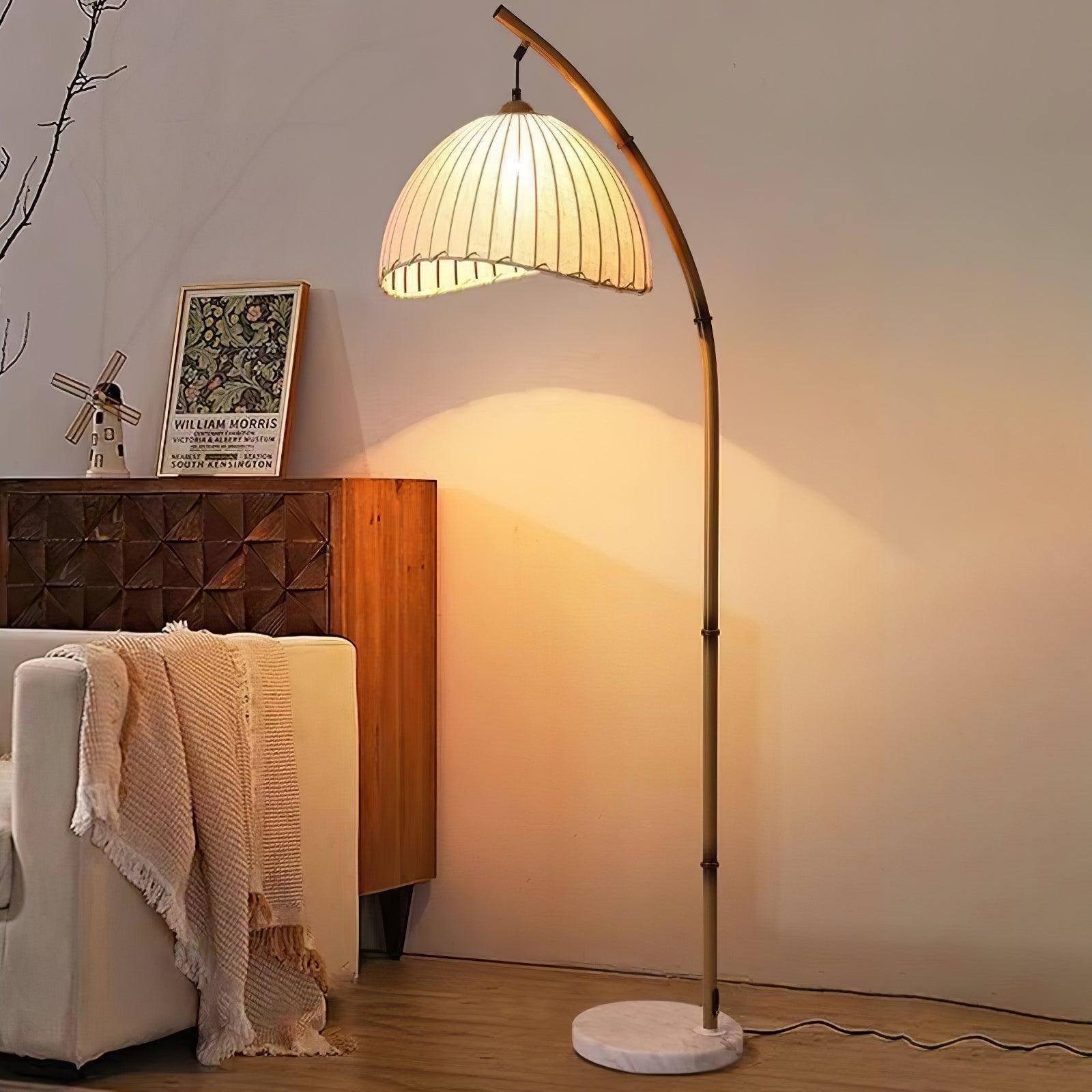 Sanna Curved Bamboo Floor Lamp with Marble Base and Beige Linen Shade for Modern Living Rooms