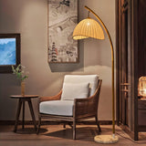 Sanna Curved Bamboo Floor Lamp with Marble Base and Beige Linen Shade for Modern Living Rooms
