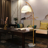 Sanna Curved Bamboo Floor Lamp with Marble Base and Beige Linen Shade for Modern Living Rooms