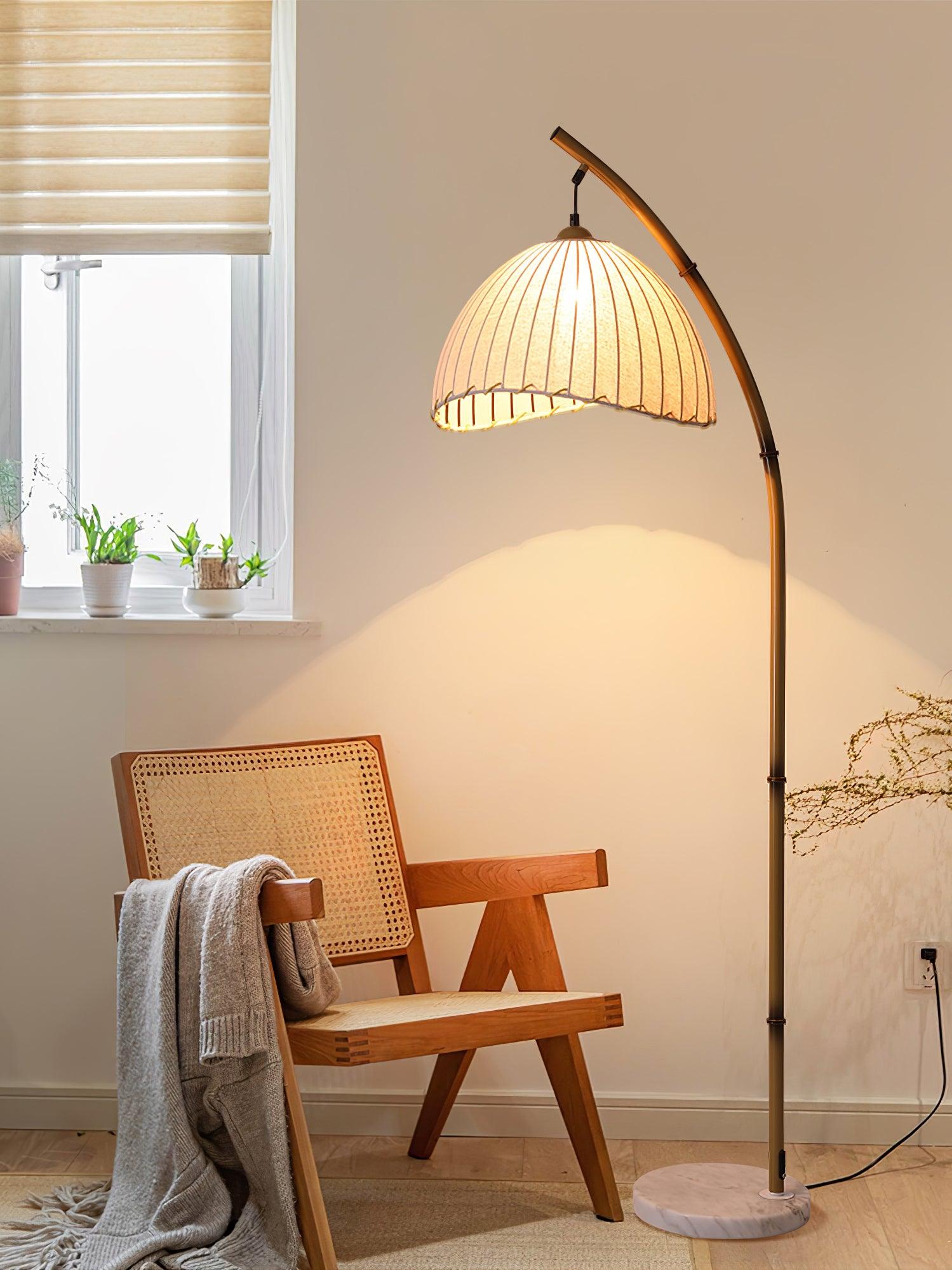 Sanna Curved Bamboo Floor Lamp with Marble Base and Beige Linen Shade for Modern Living Rooms