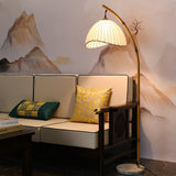Sanna Curved Bamboo Floor Lamp with Marble Base and Beige Linen Shade for Modern Living Rooms