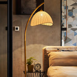 Sanna Curved Bamboo Floor Lamp with Marble Base and Beige Linen Shade for Modern Living Rooms