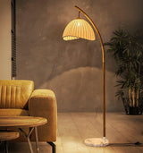Sanna Curved Bamboo Floor Lamp with Marble Base and Beige Linen Shade for Modern Living Rooms