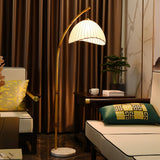 Sanna Curved Bamboo Floor Lamp with Marble Base and Beige Linen Shade for Modern Living Rooms