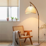 Sanna Curved Bamboo Floor Lamp with Marble Base and Beige Linen Shade for Modern Living Rooms