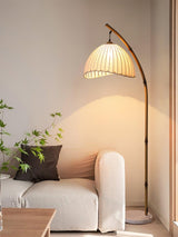 Sanna Curved Bamboo Floor Lamp with Marble Base and Beige Linen Shade for Modern Living Rooms