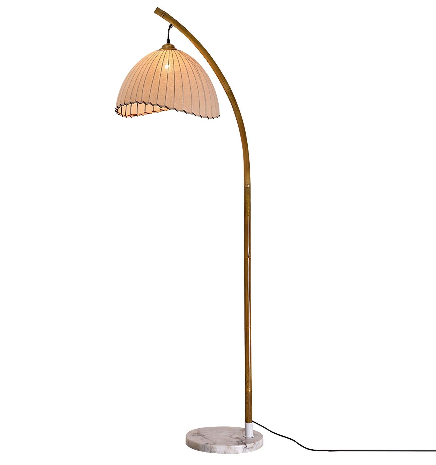Sanna Curved Bamboo Floor Lamp with Marble Base and Beige Linen Shade for Modern Living Rooms