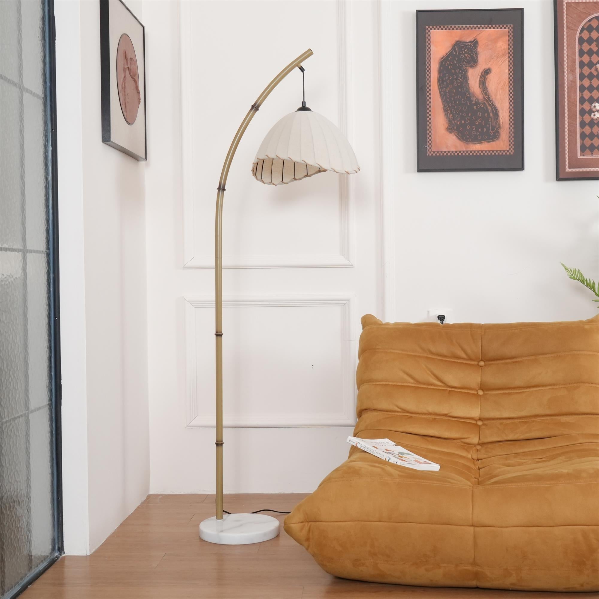 Sanna Curved Bamboo Floor Lamp with Marble Base and Beige Linen Shade for Modern Living Rooms