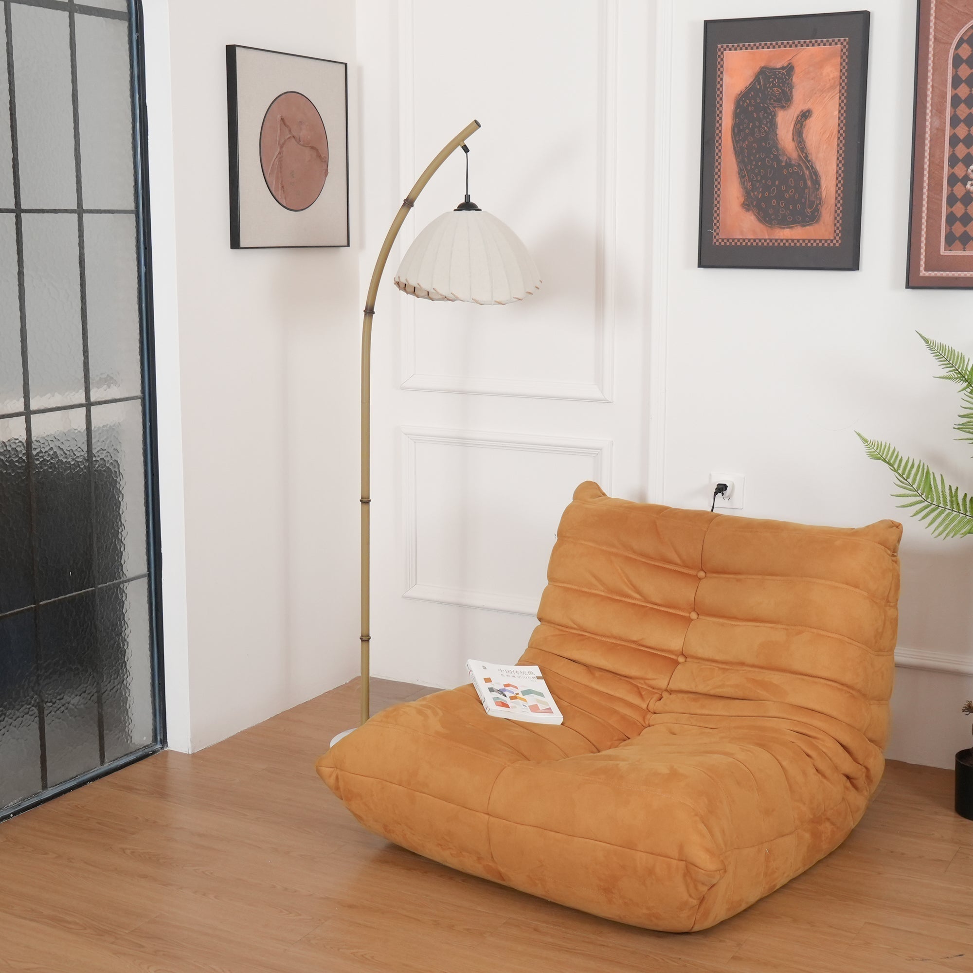 Sanna Curved Bamboo Floor Lamp with Marble Base and Beige Linen Shade for Modern Living Rooms
