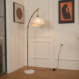Sanna Curved Bamboo Floor Lamp with Marble Base and Beige Linen Shade for Modern Living Rooms