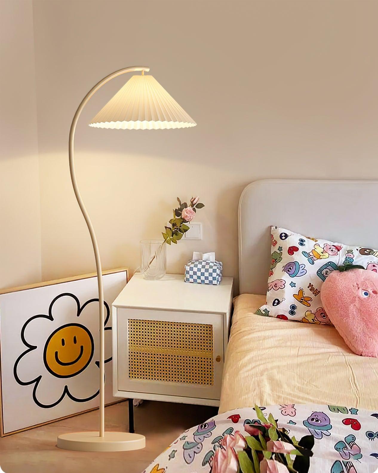 modern-arched-standing-floor-lamp-with-pleated-fabric-shade-in-cream-finish