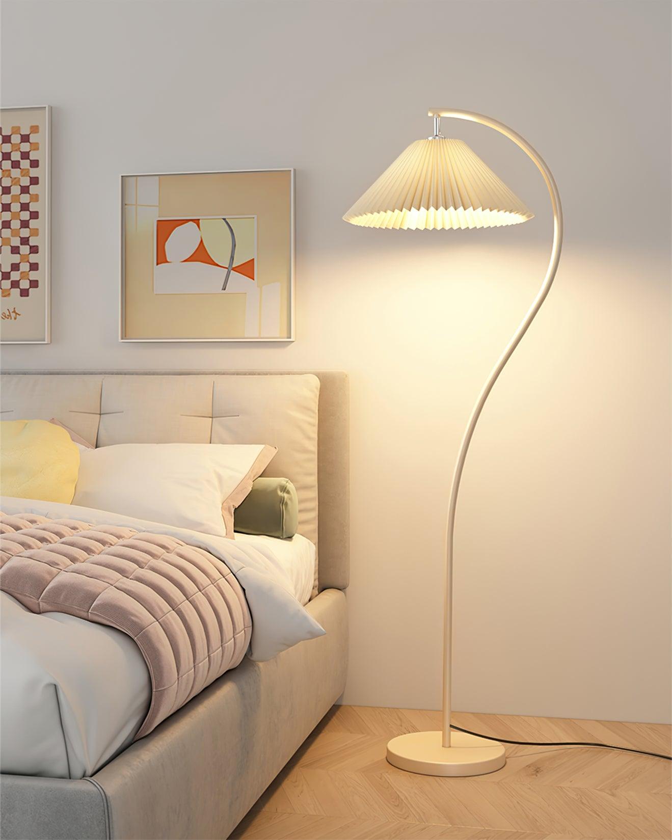 modern-arched-standing-floor-lamp-with-pleated-fabric-shade-in-cream-finish