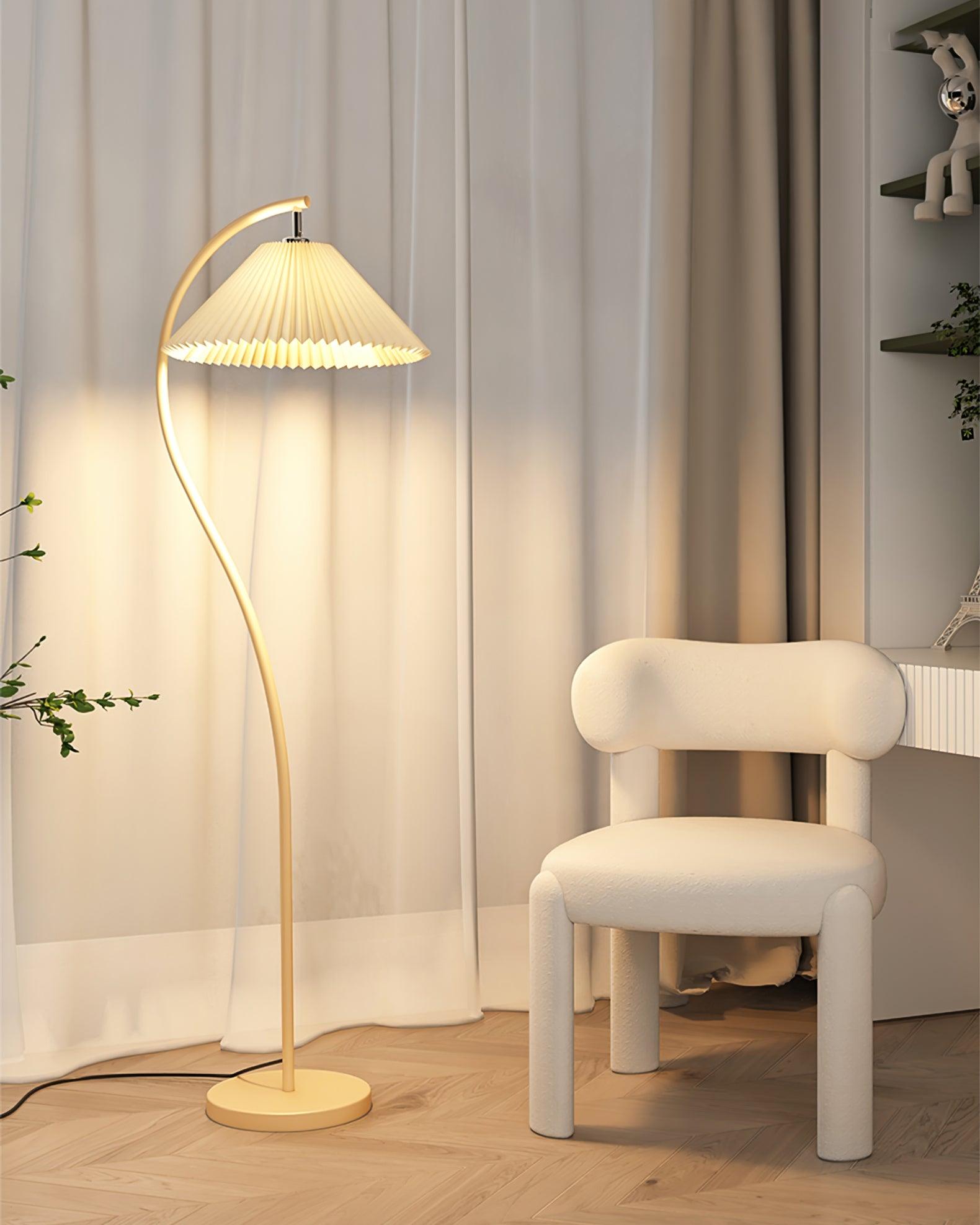 modern-arched-standing-floor-lamp-with-pleated-fabric-shade-in-cream-finish