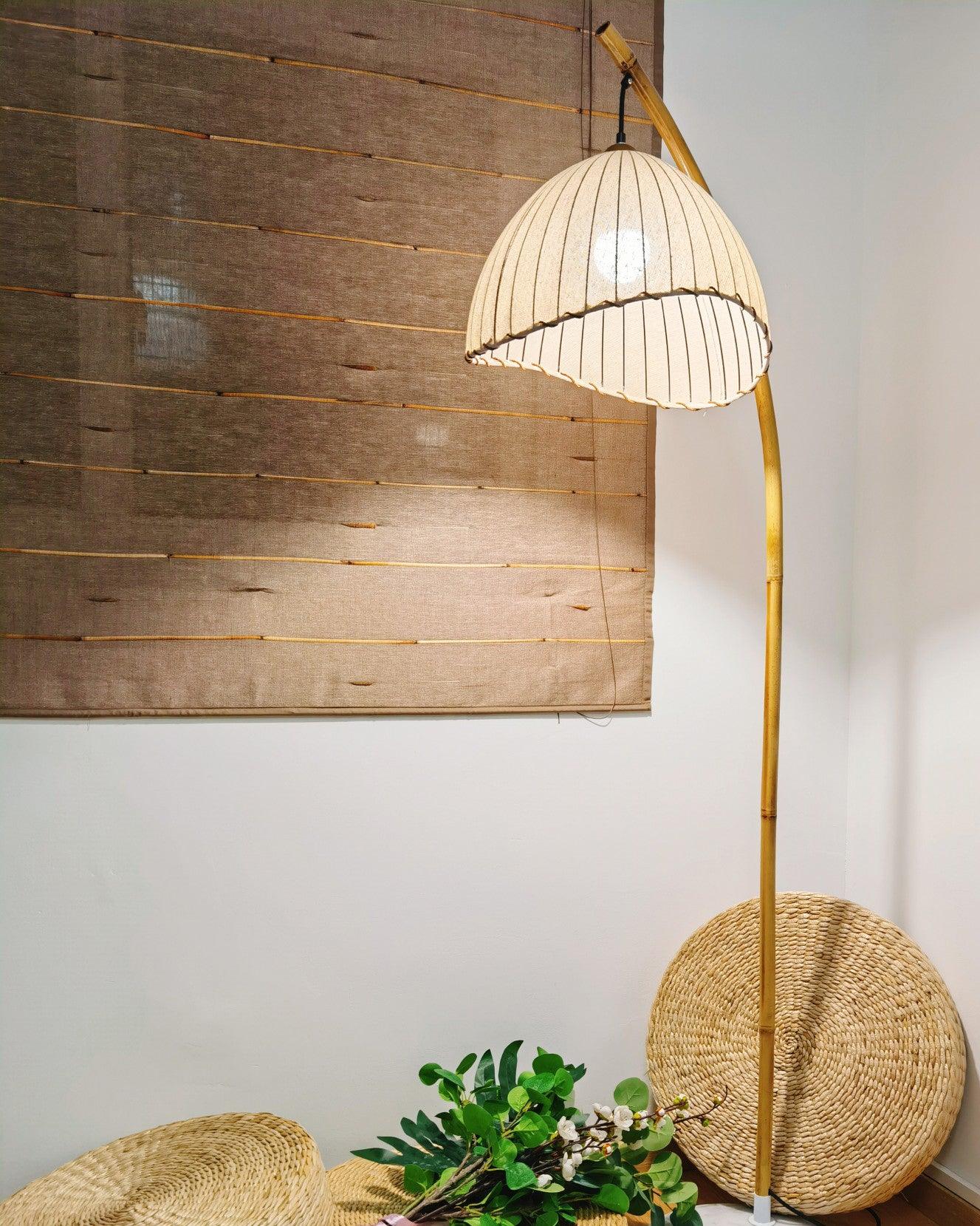 Sanna Curved Bamboo Floor Lamp with Marble Base and Beige Linen Shade for Modern Living Rooms