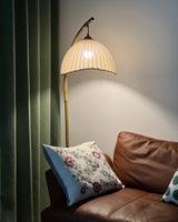 Sanna Curved Bamboo Floor Lamp with Marble Base and Beige Linen Shade for Modern Living Rooms