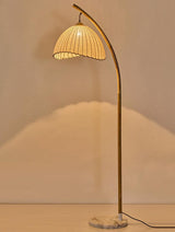Sanna Curved Bamboo Floor Lamp with Marble Base and Beige Linen Shade for Modern Living Rooms