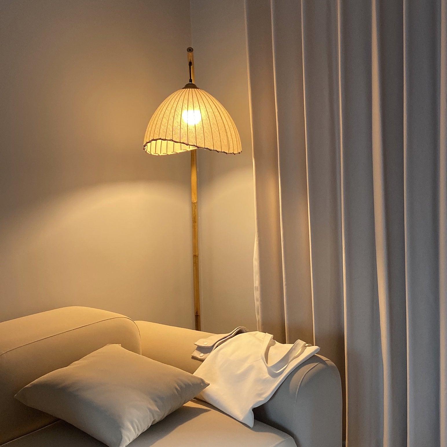 Sanna Curved Bamboo Floor Lamp with Marble Base and Beige Linen Shade for Modern Living Rooms