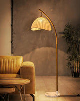 Sanna Curved Bamboo Floor Lamp with Marble Base and Beige Linen Shade for Modern Living Rooms