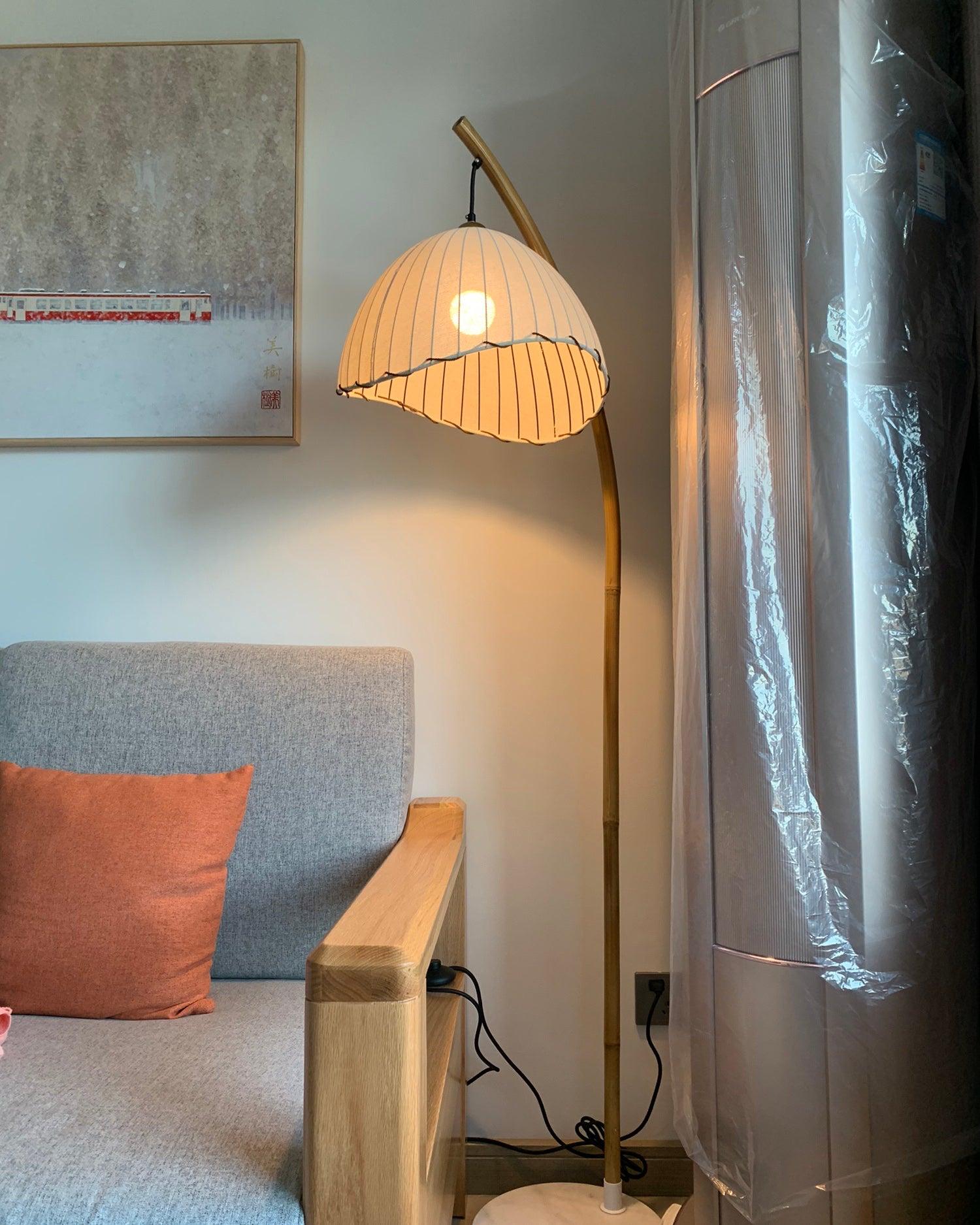 Sanna Curved Bamboo Floor Lamp with Marble Base and Beige Linen Shade for Modern Living Rooms