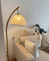 Sanna Curved Bamboo Floor Lamp with Marble Base and Beige Linen Shade for Modern Living Rooms