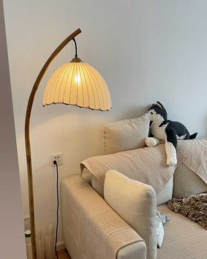 Sanna Curved Bamboo Floor Lamp with Marble Base and Beige Linen Shade for Modern Living Rooms