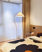 modern-arched-standing-floor-lamp-with-pleated-fabric-shade-in-cream-finish