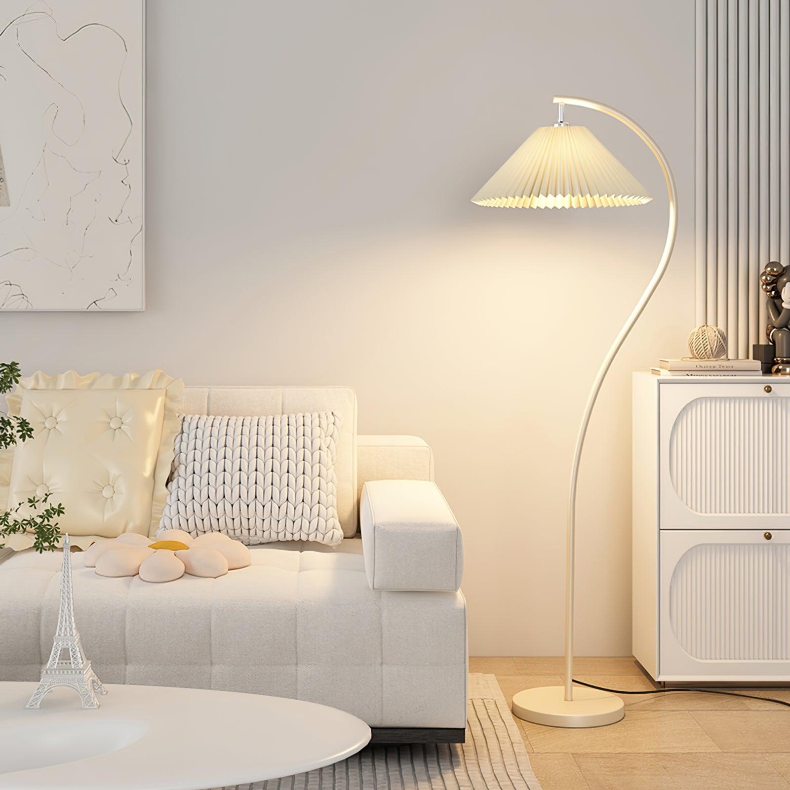 modern-arched-standing-floor-lamp-with-pleated-fabric-shade-in-cream-finish