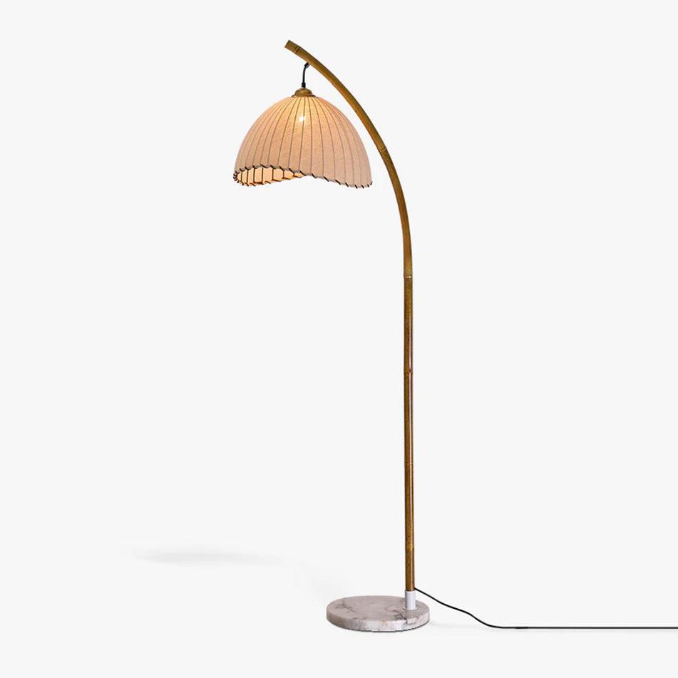 Sanna Curved Bamboo Floor Lamp with Marble Base and Beige Linen Shade for Modern Living Rooms