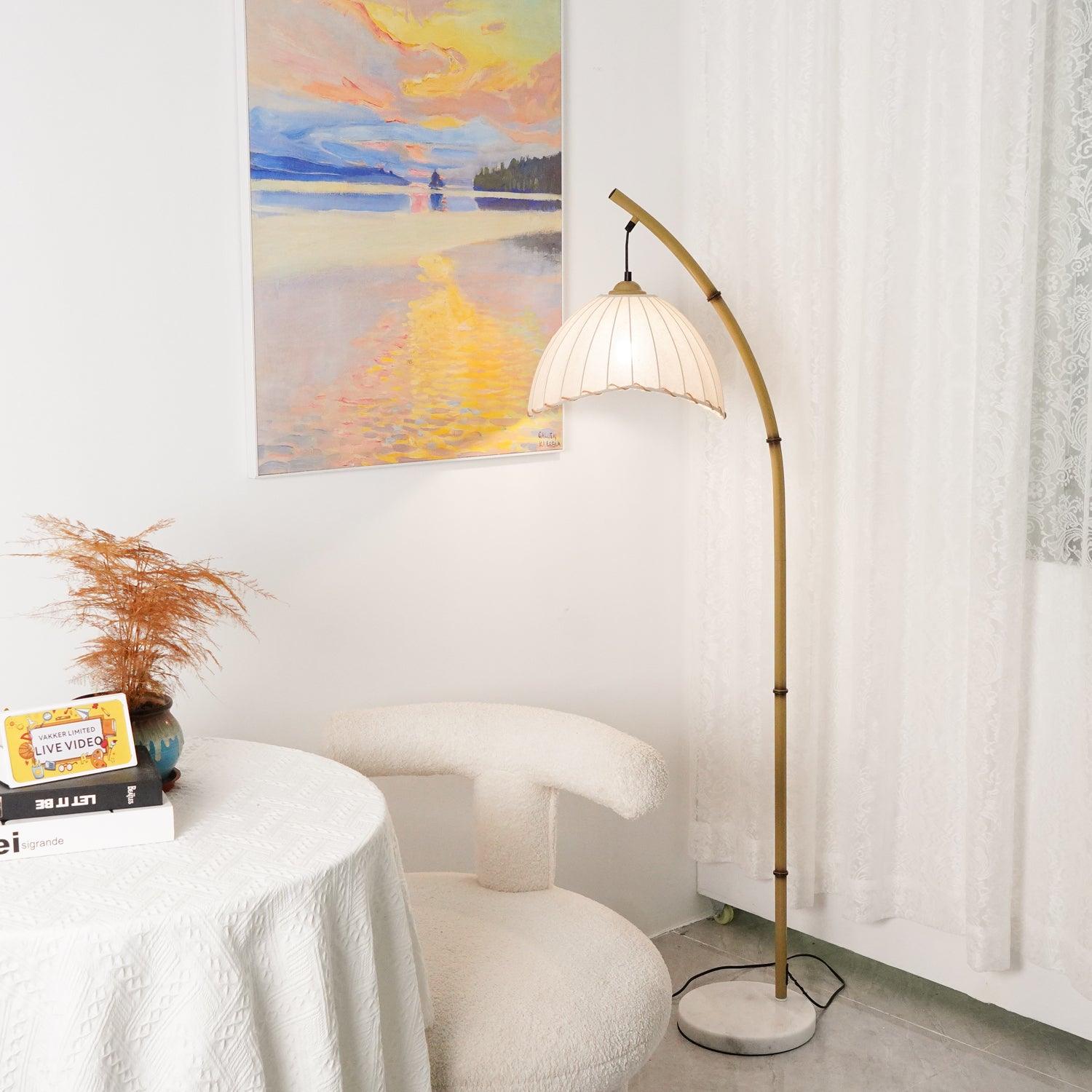 Sanna Curved Bamboo Floor Lamp with Marble Base and Beige Linen Shade for Modern Living Rooms