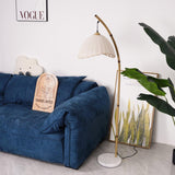 Sanna Curved Bamboo Floor Lamp with Marble Base and Beige Linen Shade for Modern Living Rooms