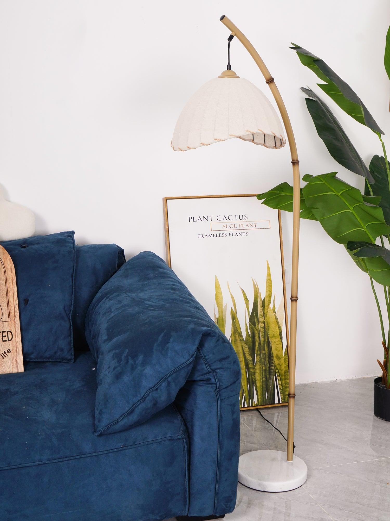Sanna Curved Bamboo Floor Lamp with Marble Base and Beige Linen Shade for Modern Living Rooms