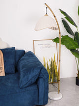 Sanna Curved Bamboo Floor Lamp with Marble Base and Beige Linen Shade for Modern Living Rooms