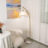 Sanna Curved Bamboo Floor Lamp with Marble Base and Beige Linen Shade for Modern Living Rooms