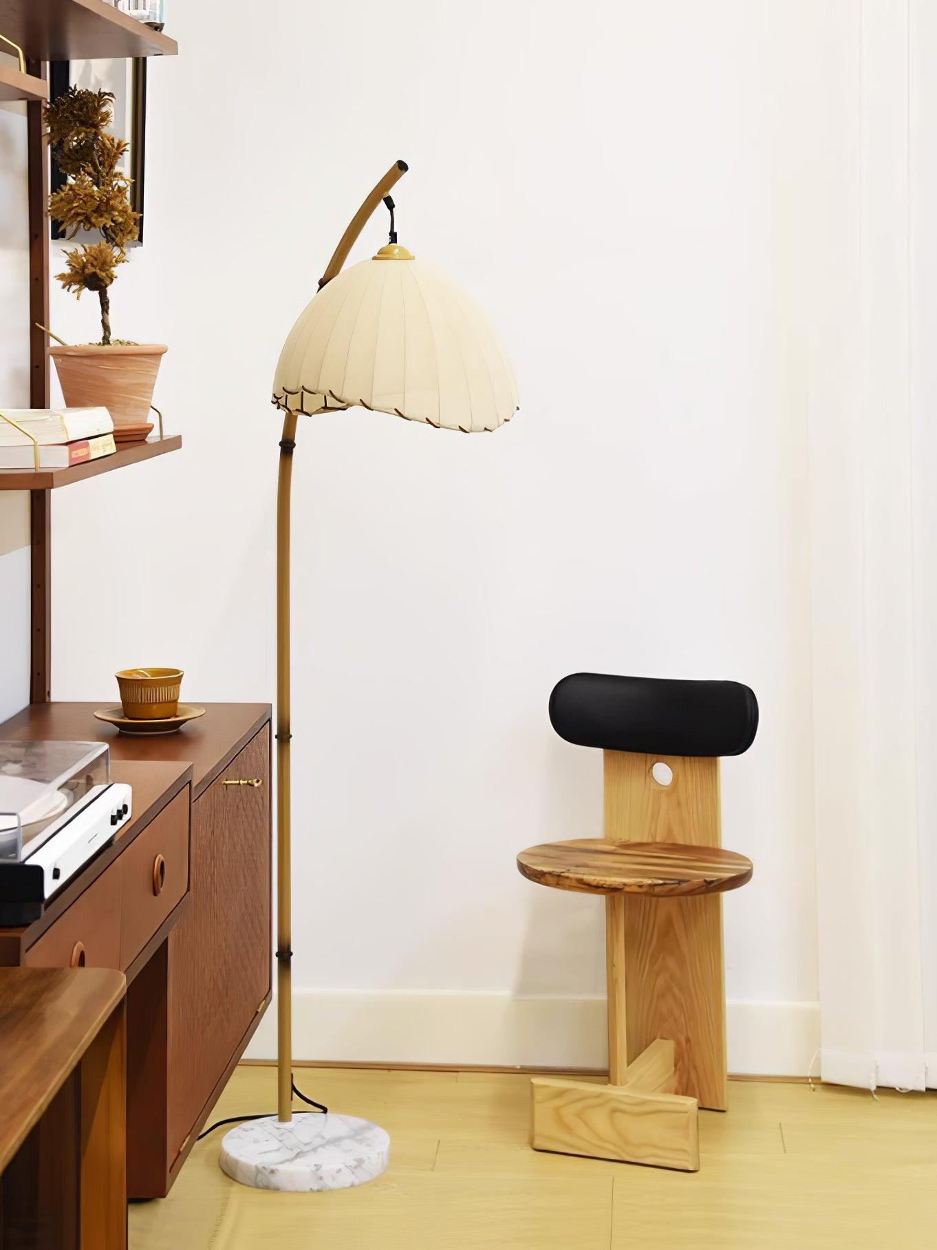 Sanna Curved Bamboo Floor Lamp with Marble Base and Beige Linen Shade for Modern Living Rooms