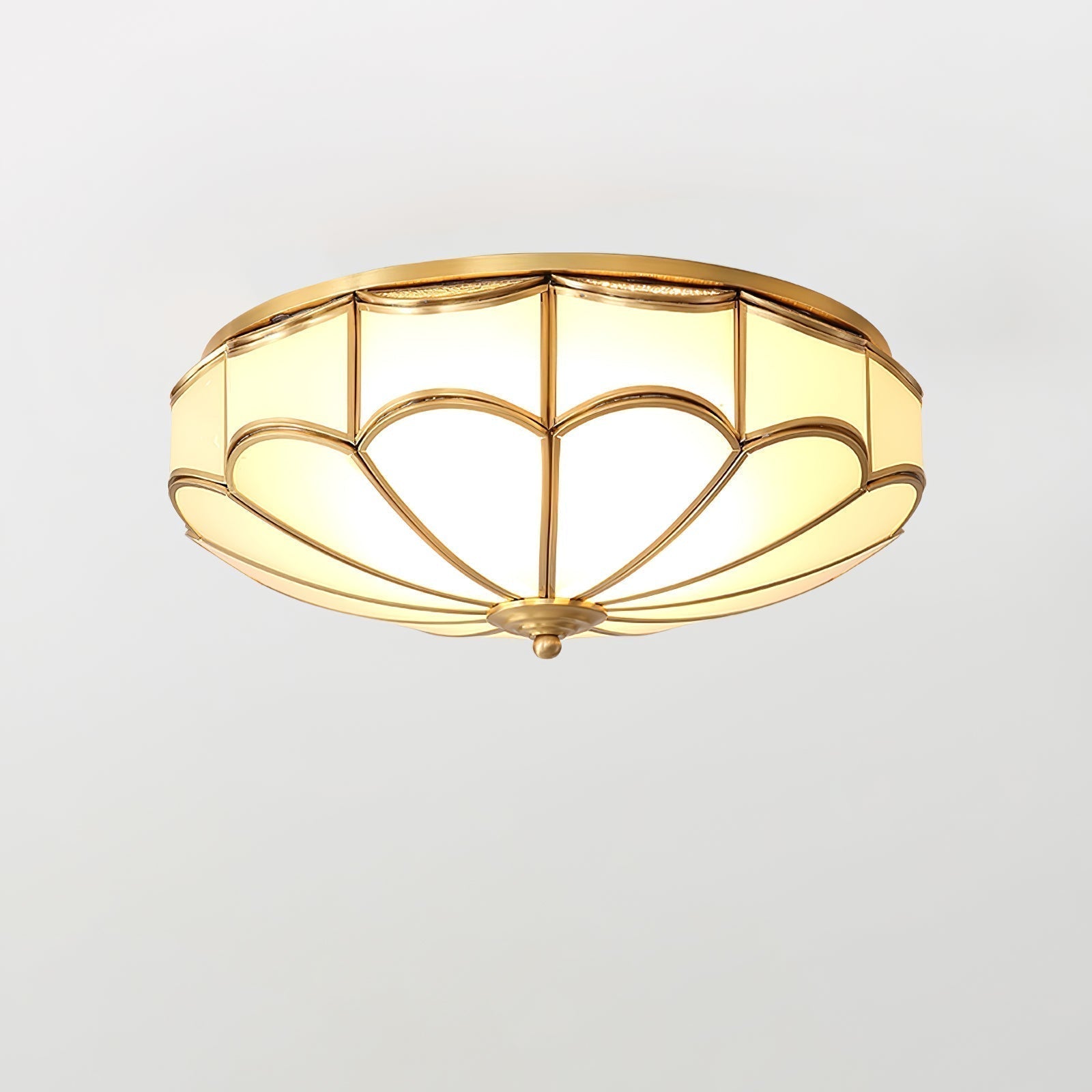 Modern Scalloped Brass Flush Mount Ceiling Light with White Glass Shade
