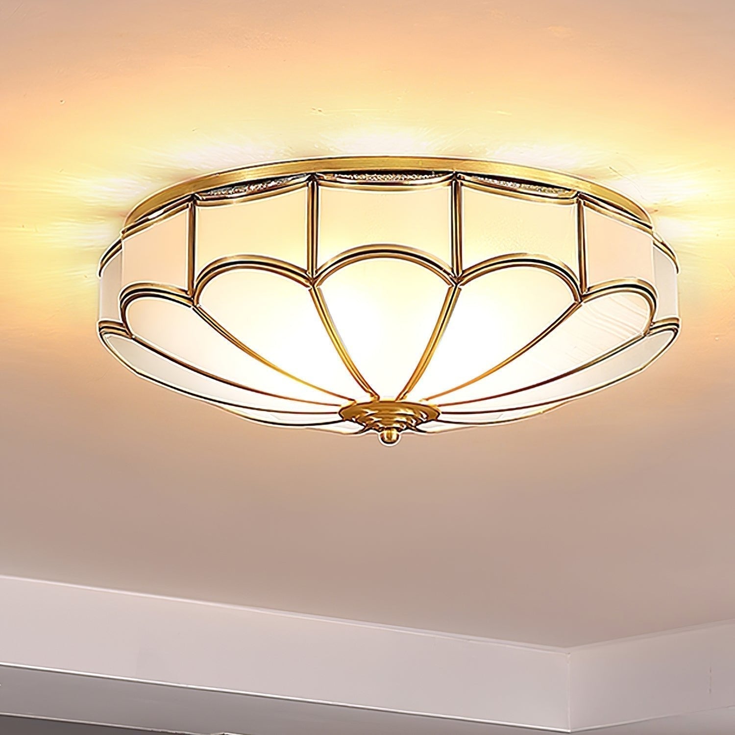 Modern Scalloped Brass Flush Mount Ceiling Light with White Glass Shade