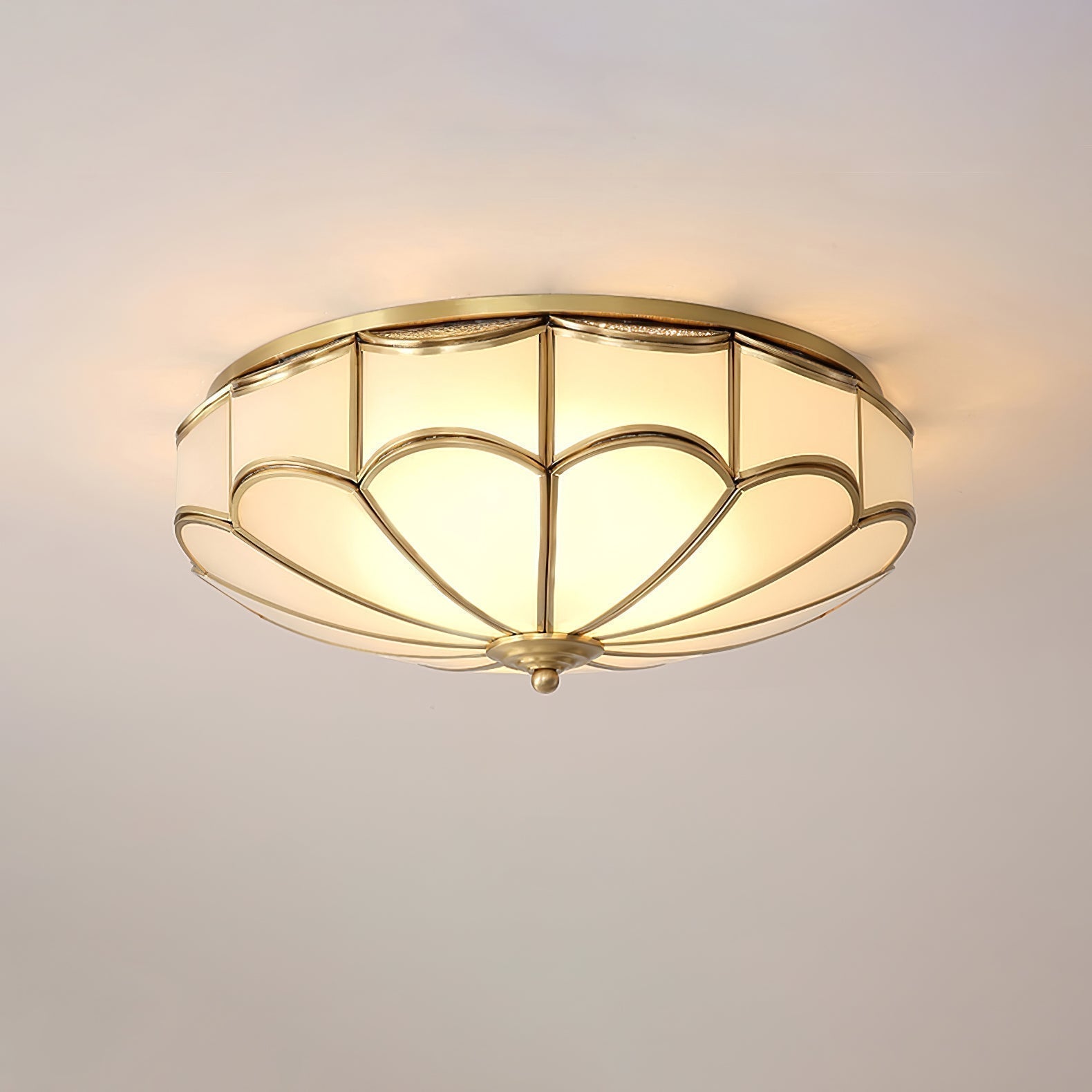 Modern Scalloped Brass Flush Mount Ceiling Light with White Glass Shade