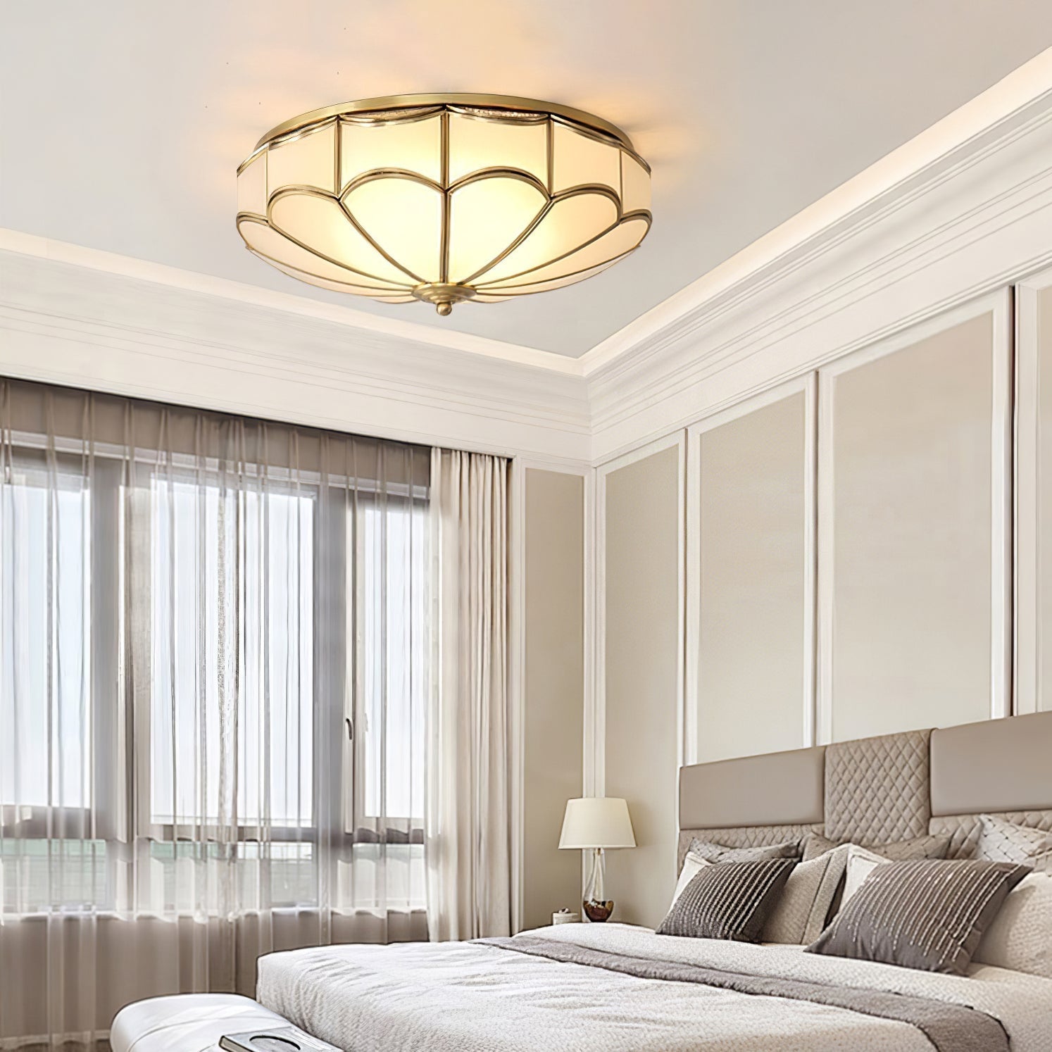 Modern Scalloped Brass Flush Mount Ceiling Light with White Glass Shade