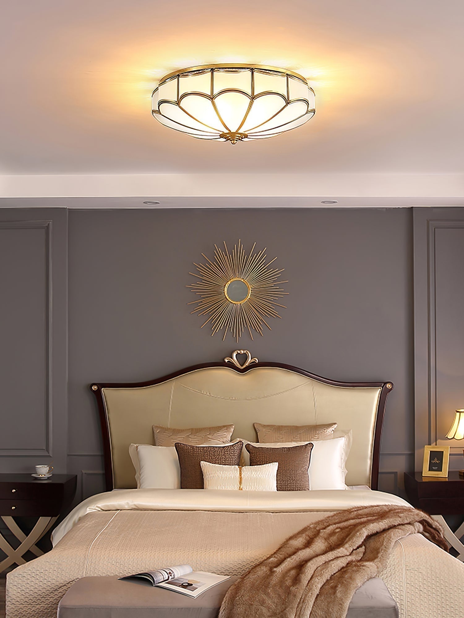 Modern Scalloped Brass Flush Mount Ceiling Light with White Glass Shade