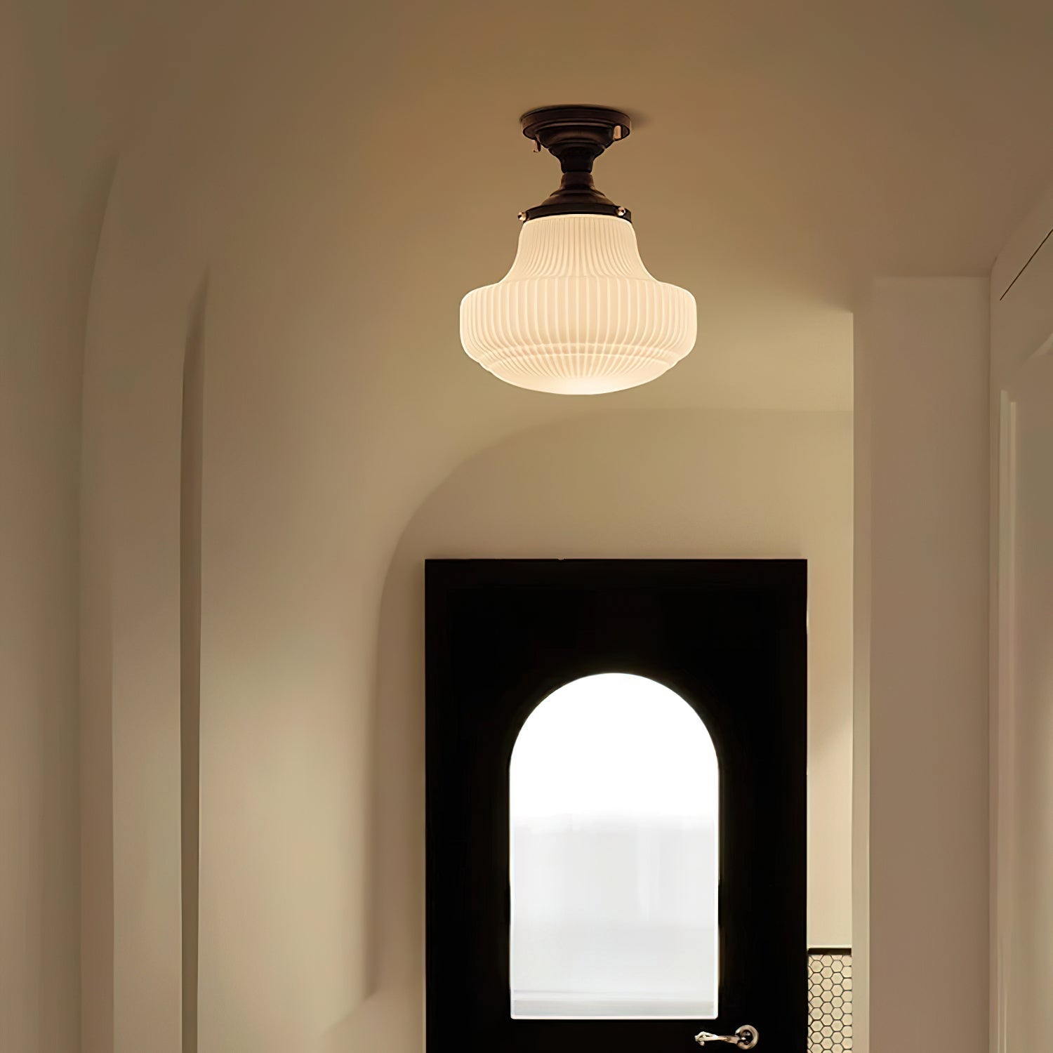 Modern Ribbed Glass Schoolhouse Flush Mount Ceiling Light for Kitchen and Entryway