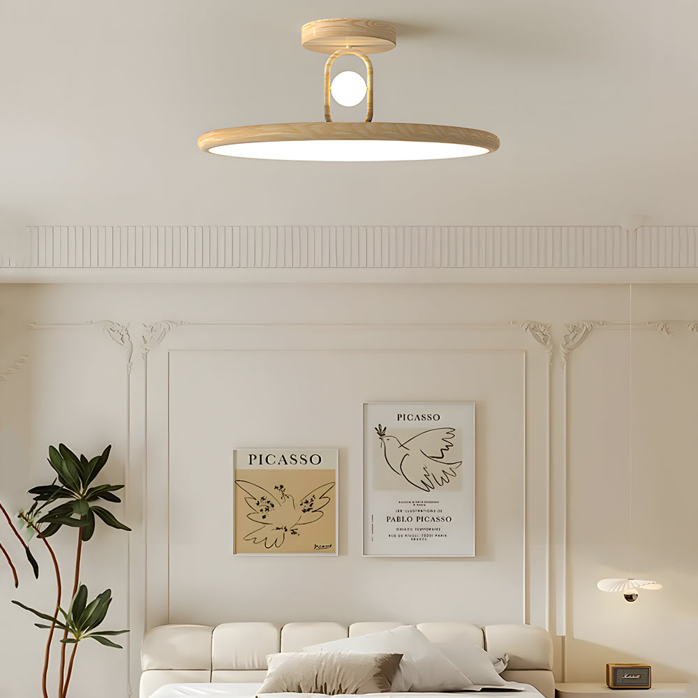 Mid Century Wood Grain Round Semi Flush Mount LED Ceiling Light for Modern Bedroom and Living Room