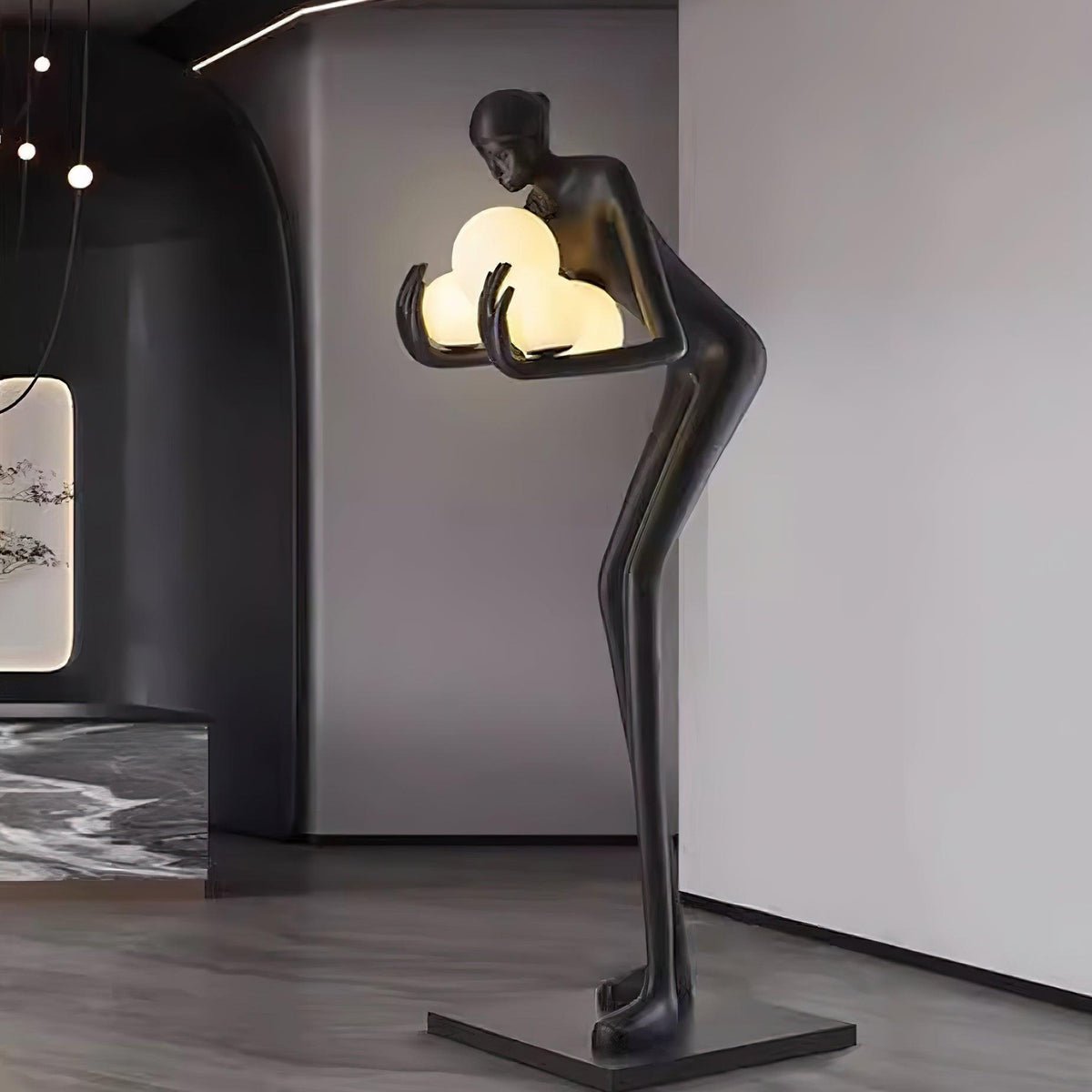 Sentinel Sculpture Floor Lamp Artistic Human Figure Standing Light with Glowing Orbs