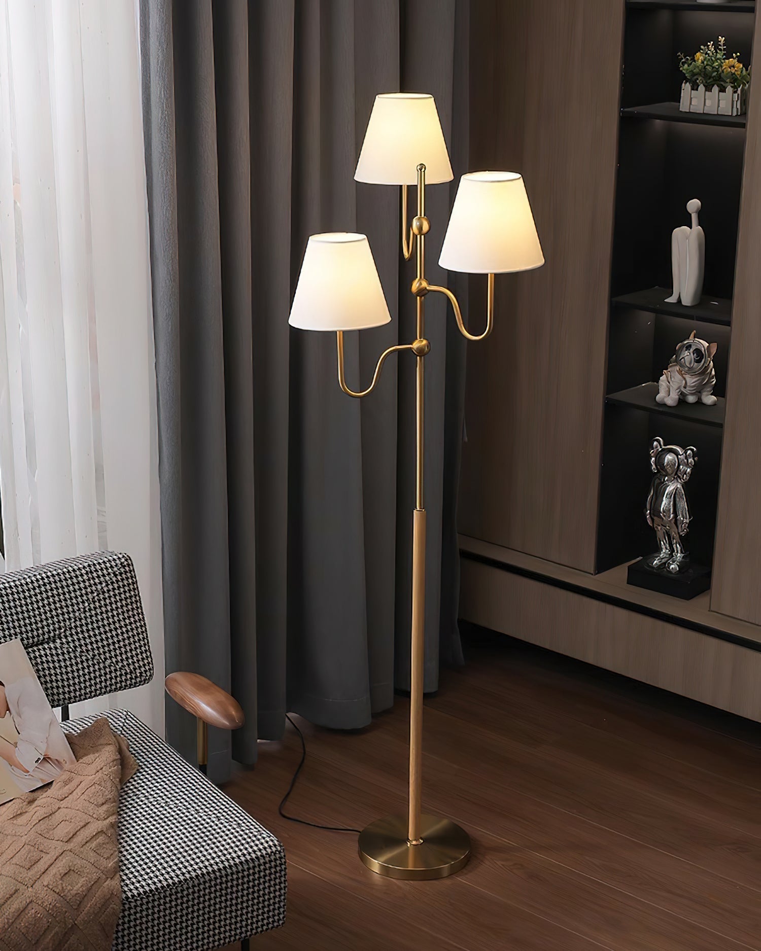 Modern Triple Shade Serenade Floor Lamp with Walnut Wood and Gold Iron Base