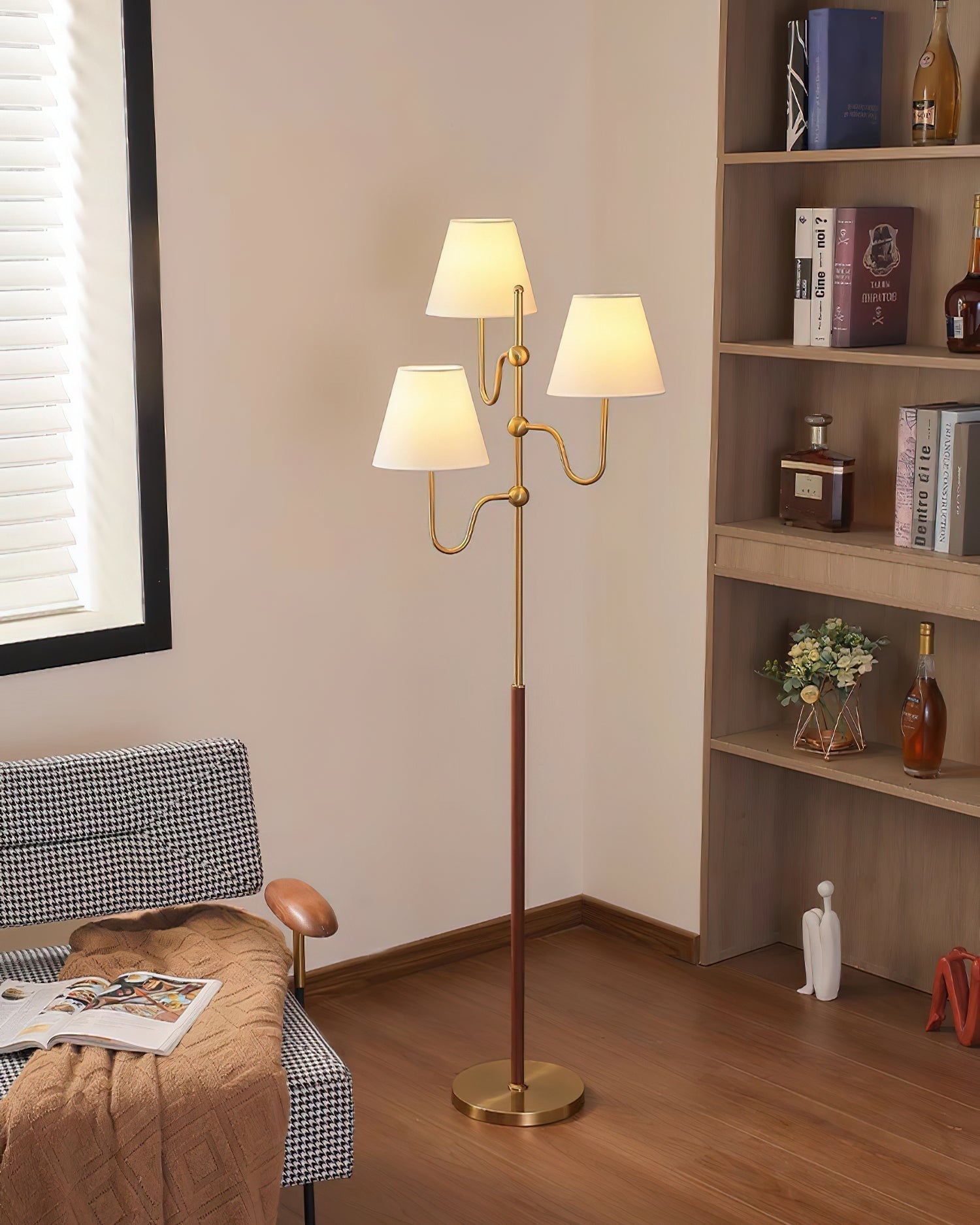 Modern Triple Shade Serenade Floor Lamp with Walnut Wood and Gold Iron Base