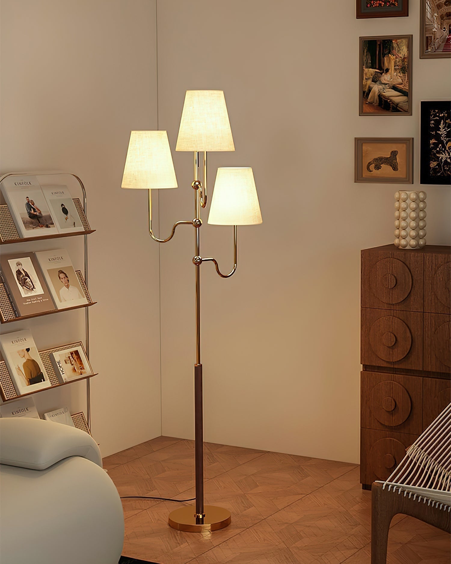 Modern Triple Shade Serenade Floor Lamp with Walnut Wood and Gold Iron Base